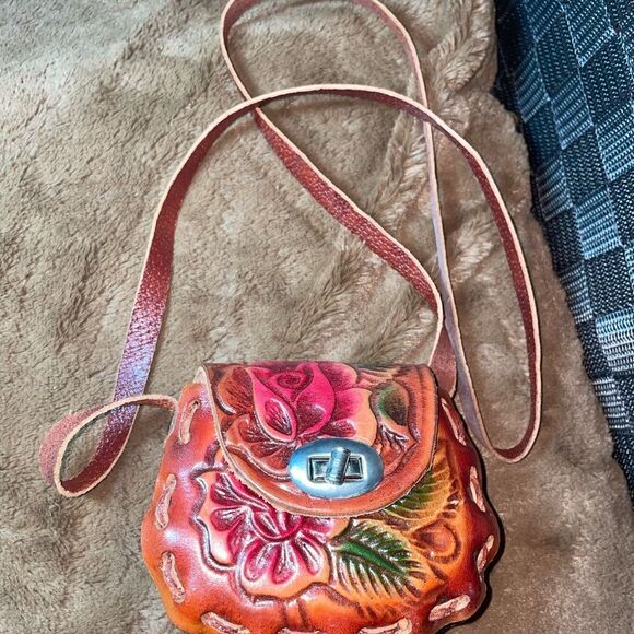 handmade Handbags - Vintage Small Mini Tooled Leather Coin Purse Bag Hand Stamped Painted Mexican